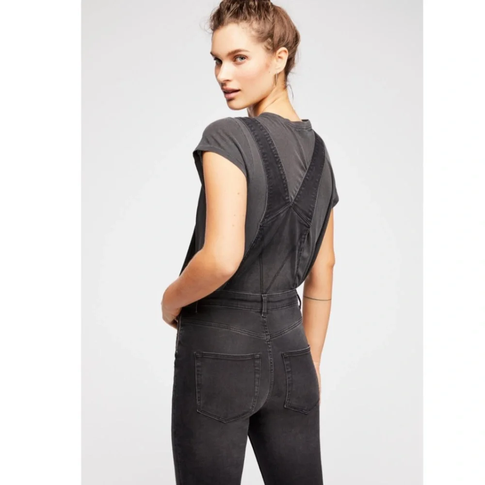 Free People Lexden Black Naturally Faded Raw Frayed Hem Zip Side Overalls